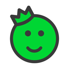 Prince or king emoticon, emoji isolated on white background, happy smiley face with a crown, icon in green color, vector illustration