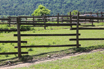 Empty corral against greeny mountain summertime