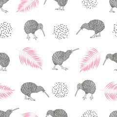 Seamless pattern with watercolor kiwi birds and palm leaves. Vector summer background.