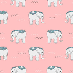 Seamless pattern with doodle elephants on pink. Vector background for kids.