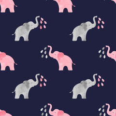 Cute watercolor elephants pattern. Vector simple seamless background for kids.