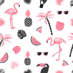 Seamless tropical trendy pattern with watercolor flamingo, watermelon slices and palm leaves. Vector summer background.