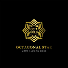 Gold Octagonal Star Logo Vector in elegant Style with Black Background