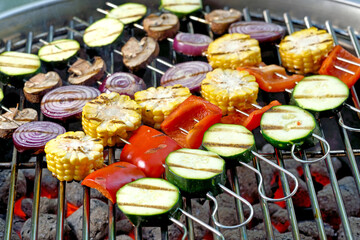 Vegan grillen: Lecker Gemüsespieße auf dem Holzkohlengrill - Skewers with mixed vegetables on hot...
