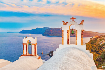 White church on Santorini island, Greece. Beautiful landscape, sea view. Amazing sunset scenery and...