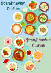 Scandinavian cuisine icon set with fish and meat