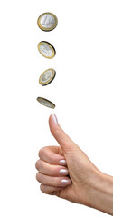 Woman's hand tosses a coin