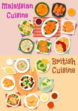 Malaysian and british cuisine lunch menu icon set