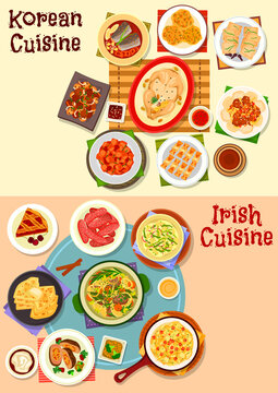 Korean and irish cuisine dinner icon set design