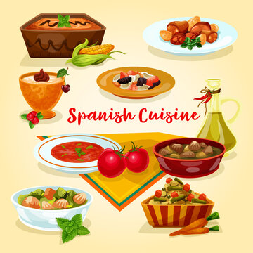 Spanish cuisine tasty dinner dishes cartoon icon