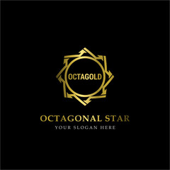 Gold Octagonal Star Logo Vector in elegant Style with Black Background