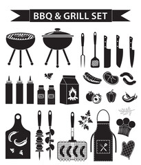 Barbecue and grill icons set, black silhouette, outline style. BBQ collection of objects, elements of design, logo. Isolated on white background. Vector illustration - obrazy, fototapety, plakaty