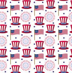 Independence Day of America seamless pattern. July 4th an endless background. USA national holiday repeating texture with traditional symbols. Vector illustration