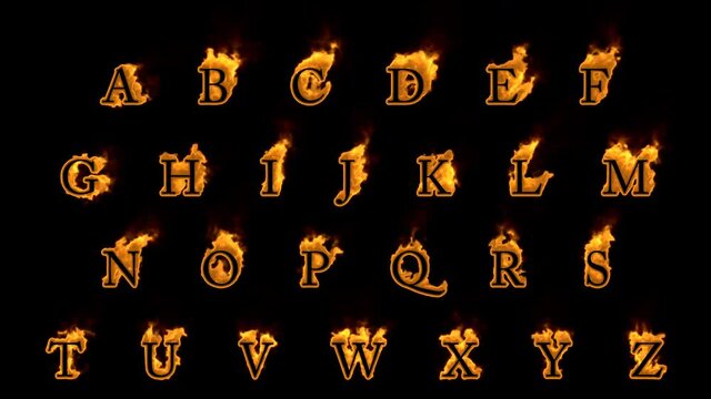 Fire alphabet letters isolated on black background