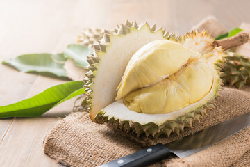 fresh durian on sack, king of fruit