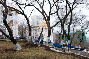 Russia, Vladivostok, April 8: Rest area near the chapel