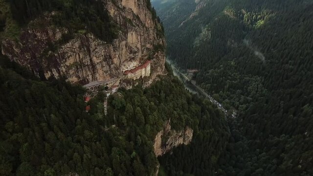 Soumela Monastery in Trabzon Aerial View. Museum of Religious History in a Monastery at Mel&aacute; Mountain within the Pontic Mountains range, in Trabzon Turkey 4K 