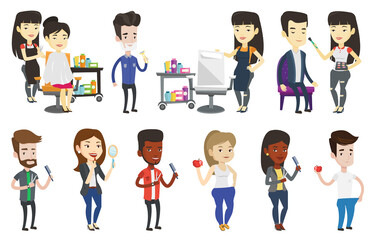 Vector set of people during beauty procedures.