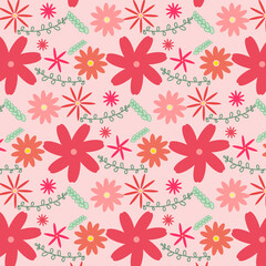 Obraz premium Vector floral pattern in doodle style with flowers and leaves. Gentle, spring floral background.