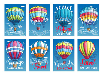 Naklejka premium Vector posters or cards hot air balloon trip tour