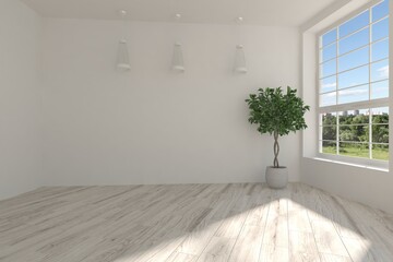 White empty room with green landscape in window. Scandinavian interior design. 3D illustration