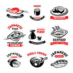 Vector icons for Japanese sushi food restaurant