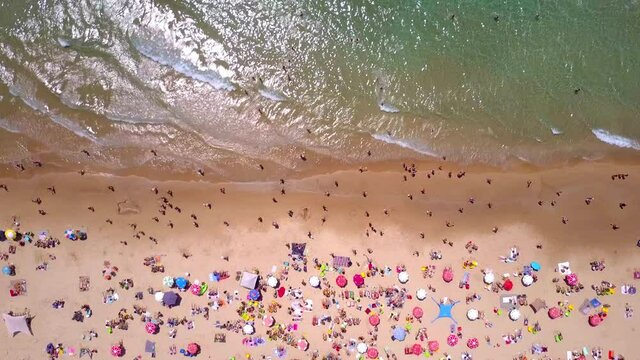 Tropical beach with colorful umbrellas - Top down aerial view