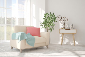 White modern room with armchair. Scandinavian interior design. 3D illustration