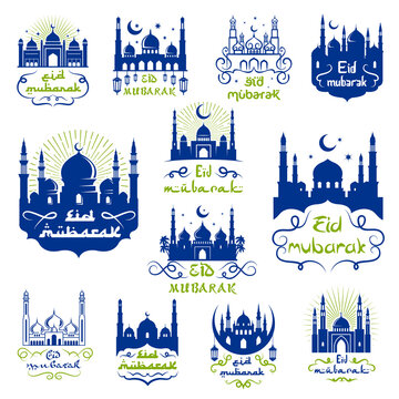 Eid Mubarak, Ramadan Kareem greetings icon set
