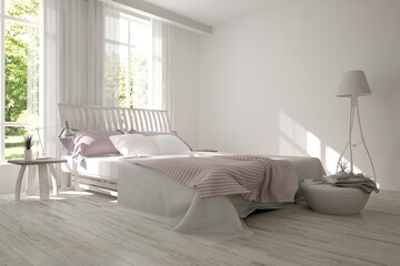 White bedroom with green landscape in window. Scandinavian interior design. 3D illustration