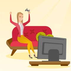 Woman playing a video game vector illustration.