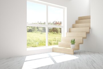 White empty room with green landscape in window. Scandinavian interior design. 3D illustration