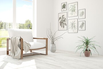 White room with armchair and green landscape in window. Scandinavian interior design. 3D illustration