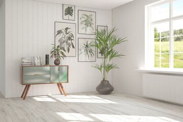 White room with shelf and green landscape in window. Scandinavian interior design. 3D illustration