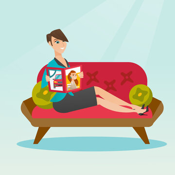 Woman reading magazine on sofa vector illustration