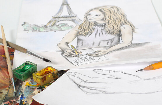 Photo of illustration of beautiful women in paris, drawn with watercolor