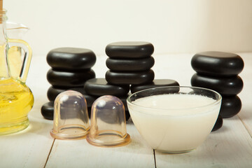 Close up view of spa theme objects on grey background.