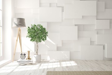 White empty room with flower and lamp. Scandinavian interior design. 3D illustration