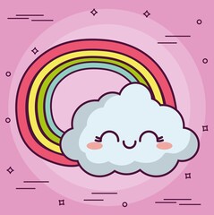 kawaii cloud with a rainbow icon over pink background. colorful design. vector illustration