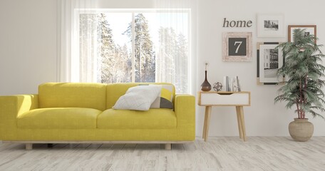 White room with sofa and winter landscape in window. Scandinavian interior design. 3D illustration