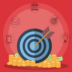 target and money related icons around over red background. colorful design. vector illustration