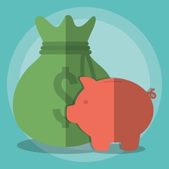 Obraz premium money sack and piggy bank icon around over turquoise background. colorful design. vector illustration
