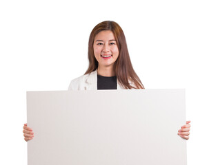Naklejka premium Asian business woman holding white board.