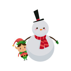 christmas snowman and elf hug character vector illustration