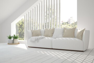 White room with sofa and green landscape in window. Scandinavian interior design. 3D illustration