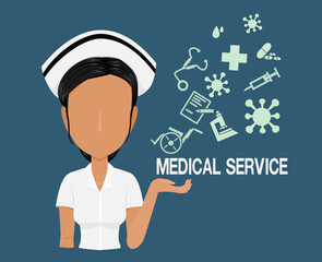 Nurse character with the medical info graphic icons on blue background
