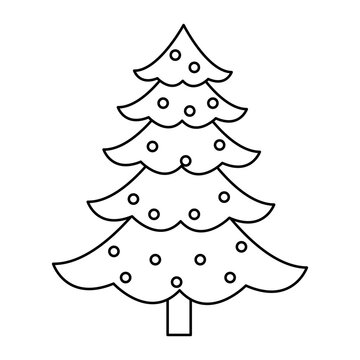 christmas pine tree balls decoration celebration, outline image vector illustration