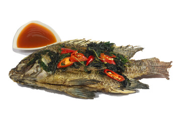 Fried fish (Tilapia) isolate banana leaf

