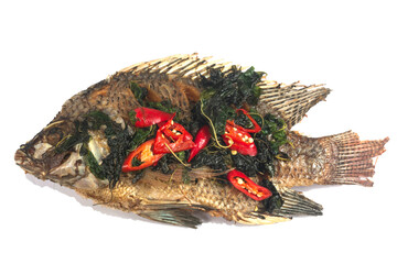 Fried fish (Tilapia) in foam box isolate on white

