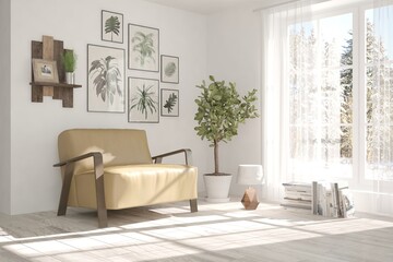 White modern room with armchair. Scandinavian interior design. 3D illustration